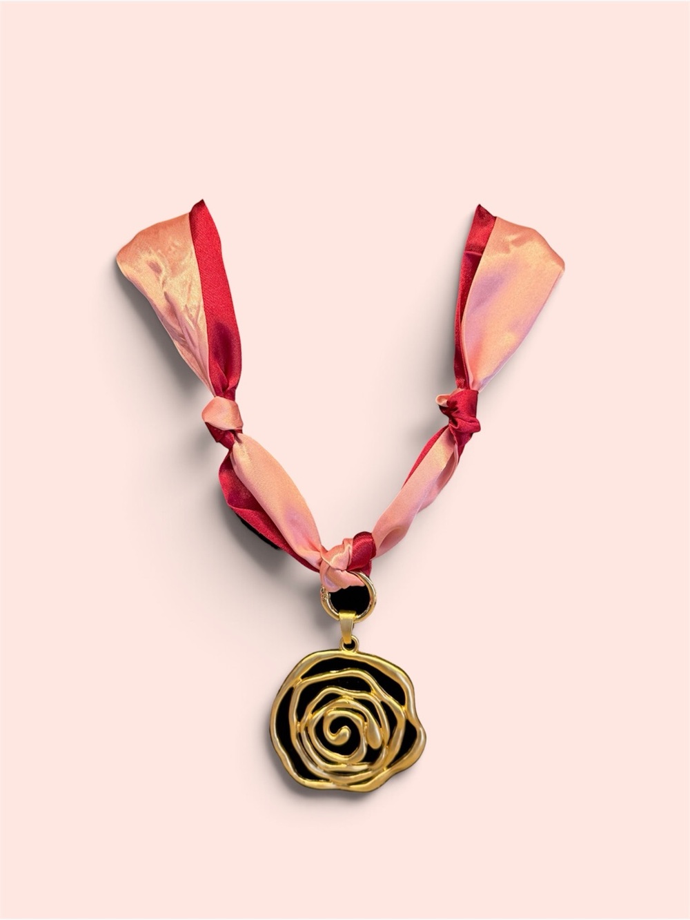 Gold Rose Pendant Necklace with Pink and Burgundy Satin Ribbon